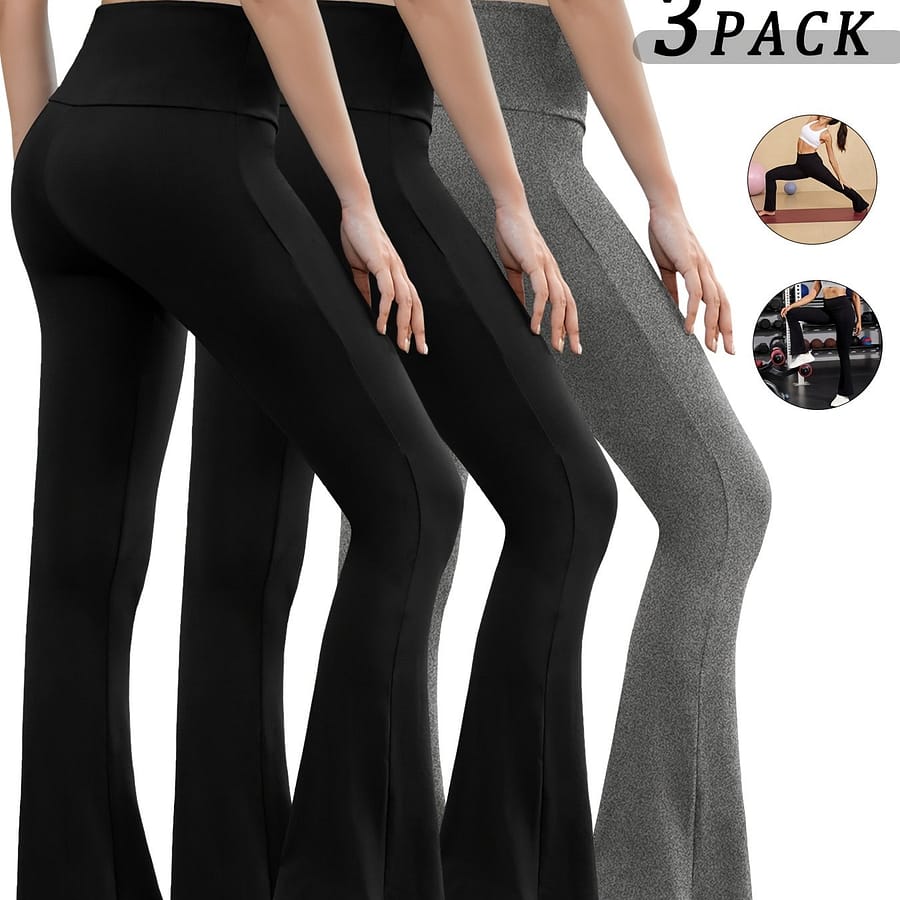 3pcs Women’s High-waisted Flare Leggings – Tummy Control, Stretchy Bootcut Pants In Black, Heather Gray, & Burgundy – Comfortable Yoga & Casual Wear Clothing, Shoes & Jewelry Shop Online at Dubai Trades 2