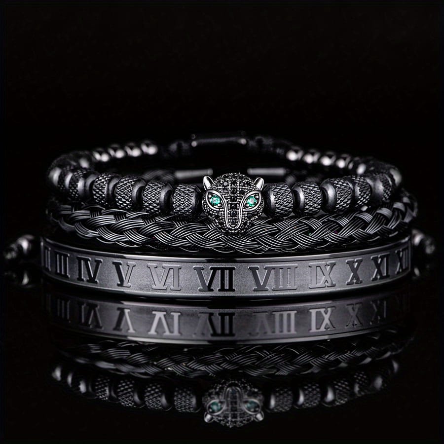 3pcs/set Classical Handmade Braided Bracelet, Hip Hop Men Leopard Head Bracelet, Roman Numeral Bracelet Stainless Steel Jewelry Bracelets Shop Online at Dubai Trades 2