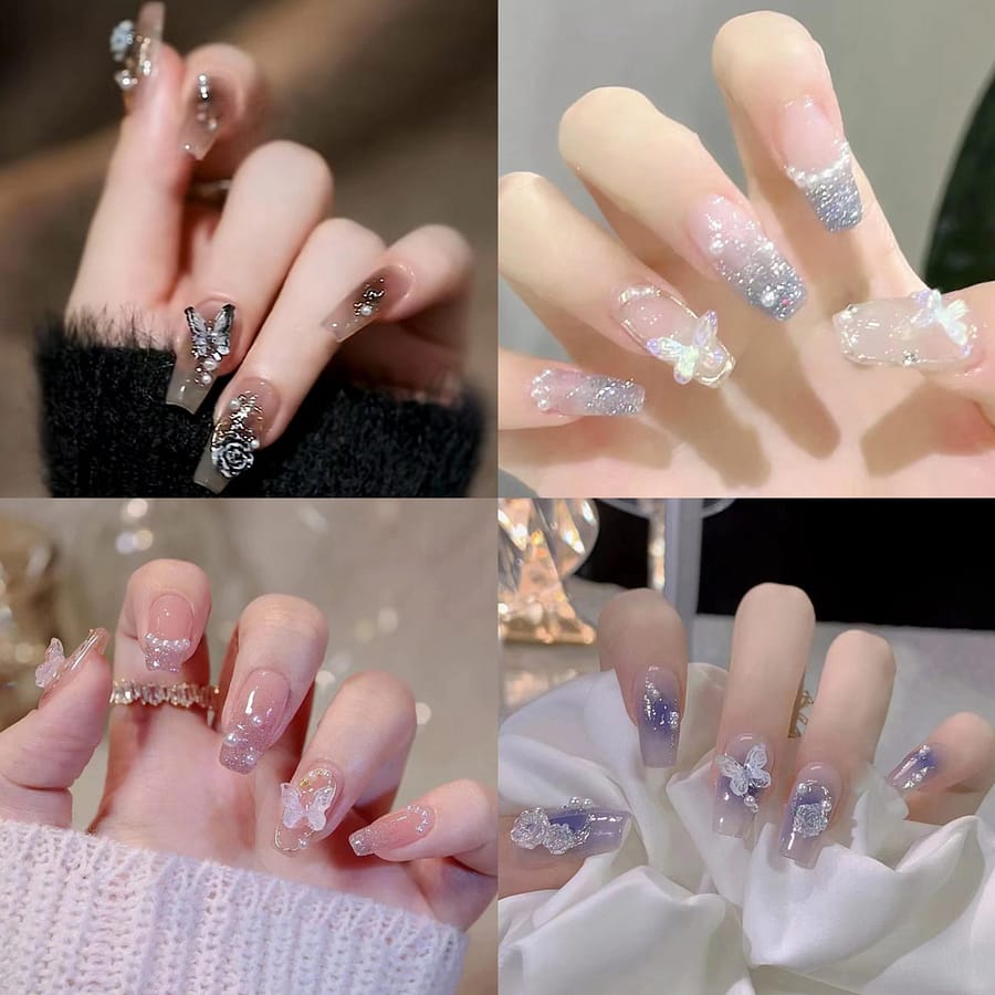 4 Pack/96pcs Medium Coffin Press On Nails With Pearls, Fake Nails, Full Cover False Nails For Women And Girls Including Nail File And Jelly Glue Beauty & Personal Care Shop Online at Dubai Trades 2