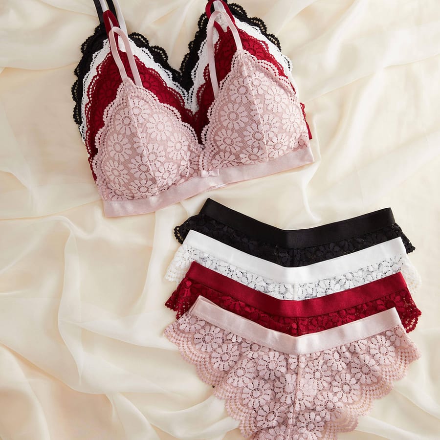 4 Sets Floral Lace Bra & Panties, Romantic Triangle Cups Bra & Scallop Trim Panties Lingerie Set, Women’s Lingerie & Underwear Clothing Shop Online at Dubai Trades 2