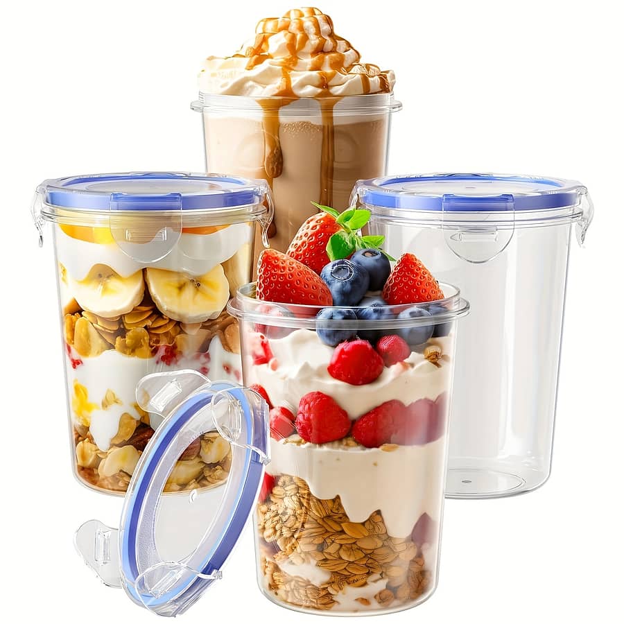 4pcs 23oz Leak-proof Overnight Oats Containers With Blue Lids – Reusable, Portable Clear Plastic Food Storage Jars For Yogurt, Soup, Cereal, – Ideal For Breakfast & Snacks Container Sets Shop Online at Dubai Trades 2