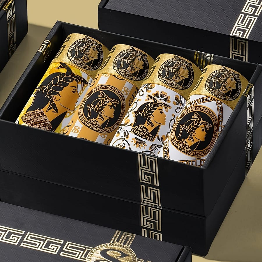 4pcs Gdecc Men’s Boxer Briefs – Golden & White Portrait And Floral Patterns, Breathable Nylon-spandex Blend, , Elegant Gift Box Included Boxer Briefs Shop Online at Dubai Trades 2