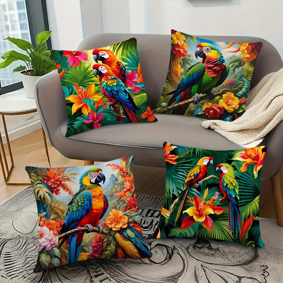 4pcs Tropical Parrot Plant Flower Short Plush Pillowcase, Zipper Single-sided Print Pillow Cover, Home Decor Sofa Bedroom Decoration, No Pillow Insert Decorative Pillows Shop Online at Dubai Trades 2