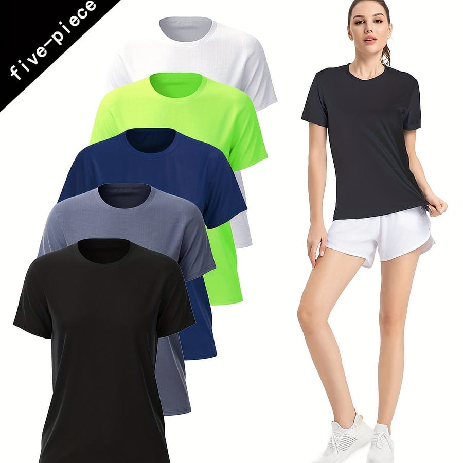 5 Pcs Sports T-shirt, Quick-drying Breathable Running T-shirt, Badminton Training Lightweight Top, Casual Round Neck Short Sleeve Active Shop Online at Dubai Trades 2