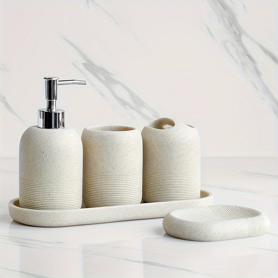 5pcs Bathroom Set: Soap Dispenser, Mouthwash Cup, Toothbrush Holder, Soap Dish, Tray With Yellow Sandstone Pattern Bath Shop Online at Dubai Trades 2