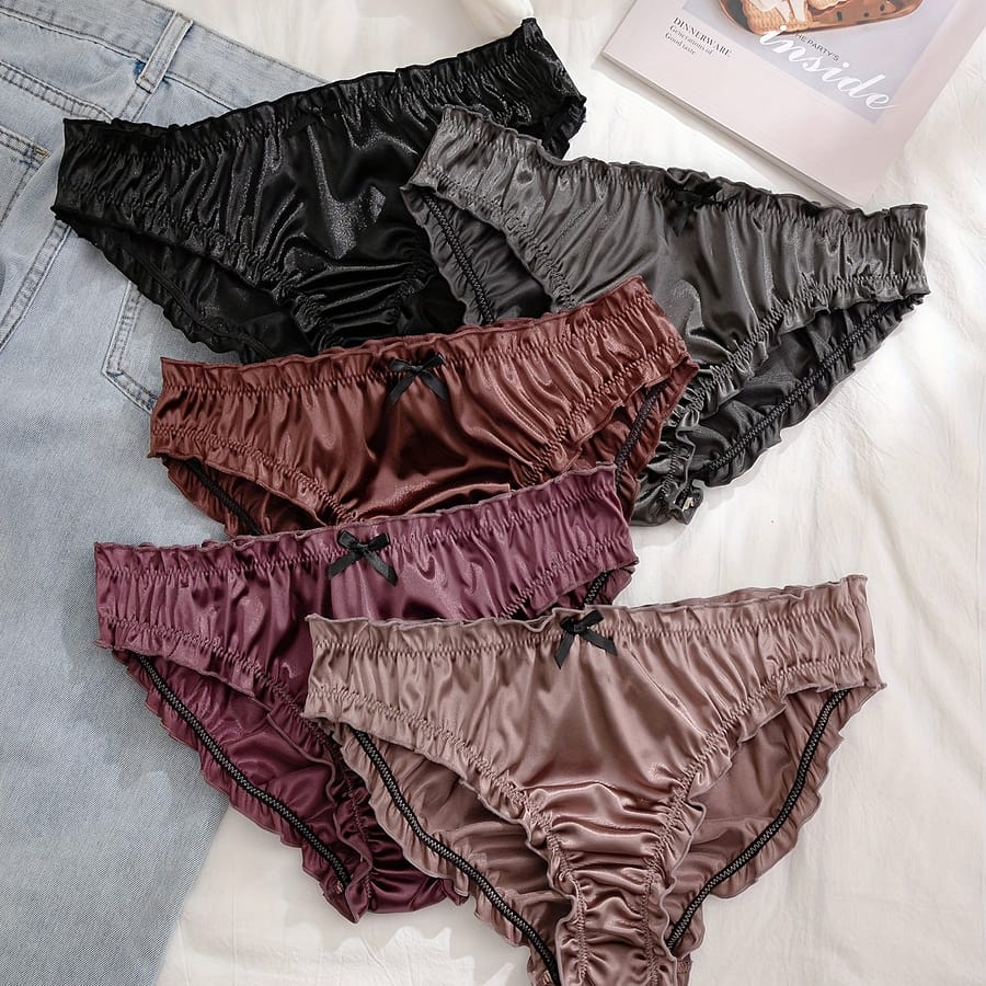 5pcs Solid Satin Bow Decor Frill Trim Low Waist Briefs, Soft & Comfy Stretchy Panties, Women’s Lingerie & Underwear Clothing Shop Online at Dubai Trades 2