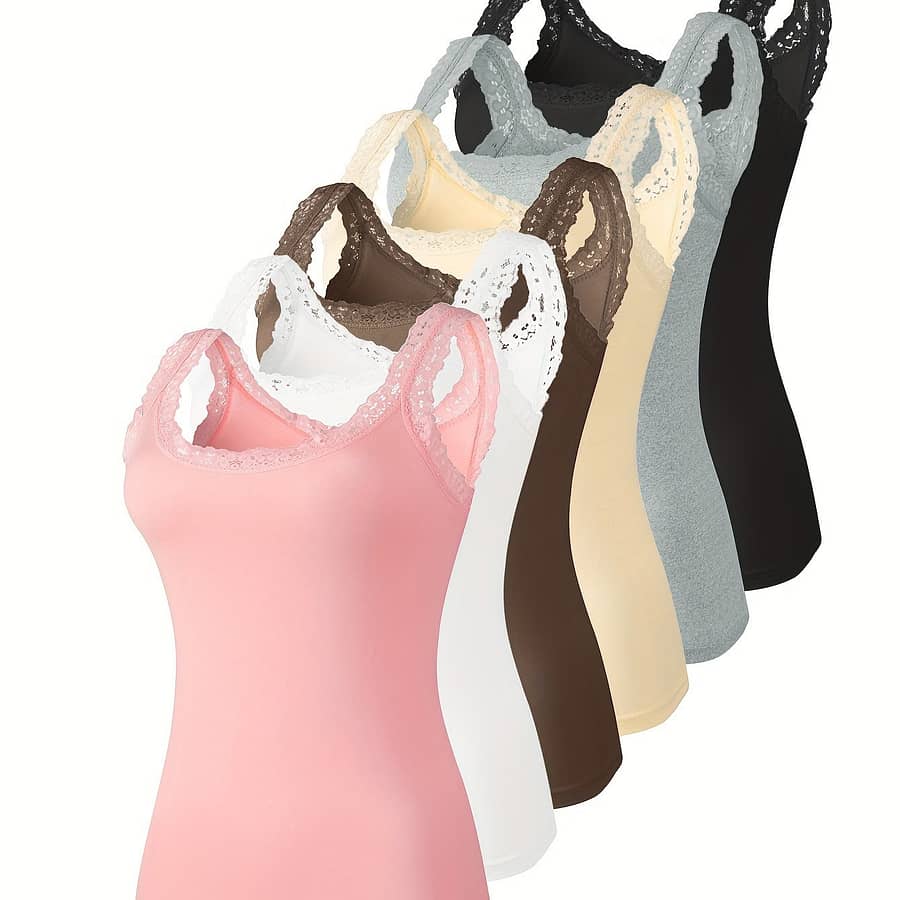 6-pack Elegant Lace Trim Camisole Tank Tops For Women, Spring/summer Fashion Sleeveless Base Layering Tops, Mix & Colors Camisoles & Tanks Shop Online at Dubai Trades 2