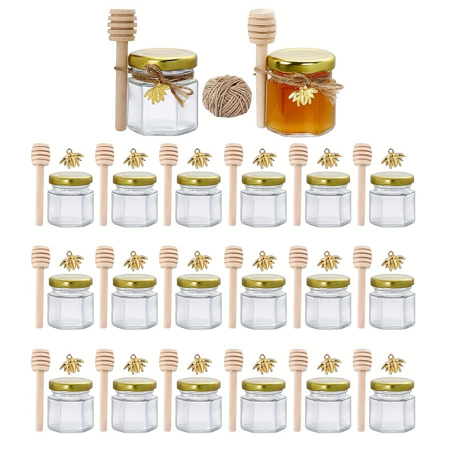 60pcs/50pcs/30pcs/20pcs Glass Honey Jars, .5 Oz Hexagon Mini Glass Jar With Wood Golden Lid Bee Pendant Jute Rope, For Jam Candies, Baby Shower, Wedding And Party Favors Dining & Entertaining Shop Online at Dubai Trades 2
