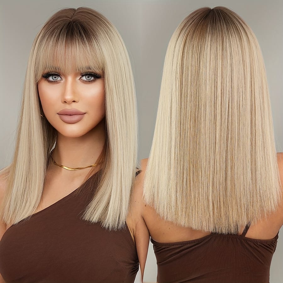 7jhh Wigs Shoulder Length Straight Ombre Grey Wig With Dark High Density Highlight Brown Wigs For Women Daily Party Use Heat-friendly Synthetic Wig 17.71 Inches Beauty & Personal Care Shop Online at Dubai Trades 2