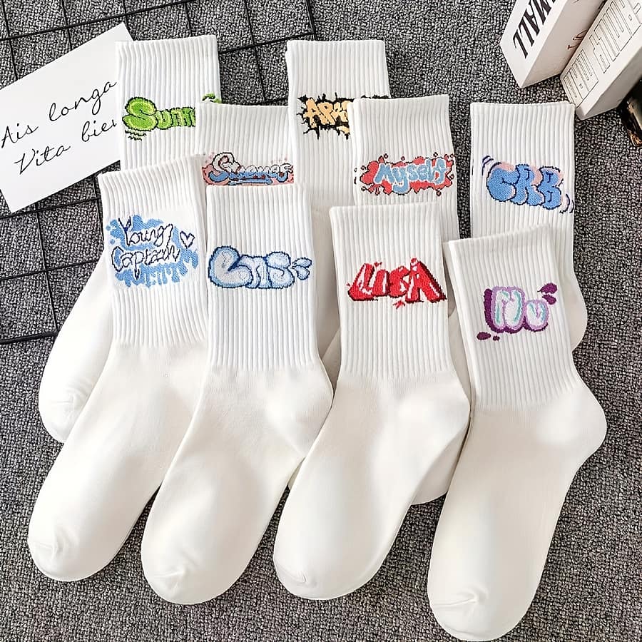 9pcs Men’ Crew Socks – Breathable Polyester, Graffiti Letter Design, Outdoor Activities & Gifts Clothing Shop Online at Dubai Trades 2