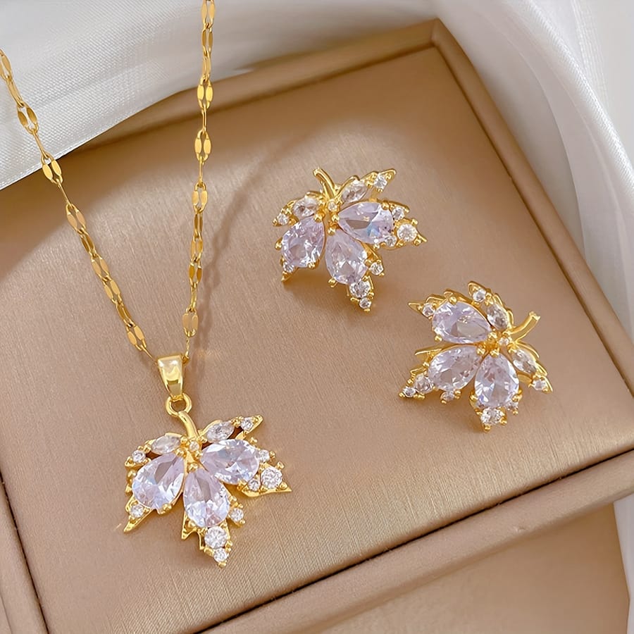 A Set Of 3 Pieces Including Copper Inlaid Cubic Zirconia Maple Leaf Earrings And A Pendant Necklace For Women. Clothing, Shoes & Jewelry Shop Online at Dubai Trades 2