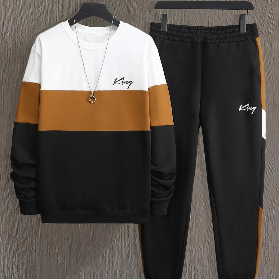 A Set Of Men’s Color- Sportswear For Spring And Autumn, Featuring A Casual Print Long-sleeve Crew Neck Sweatshirt And Drawstring Jogger Pants. Clothing Shop Online at Dubai Trades 2