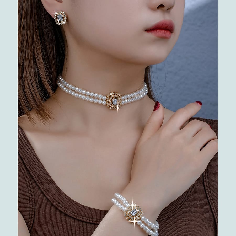 A Stylish French-inspired Set Featuring Double-row Pearl Geometric Square Earrings, Bracelet, And Necklace, Perfect As A Gift For And Suitable For Everyday Women. Clothing, Shoes & Jewelry Shop Online at Dubai Trades 2