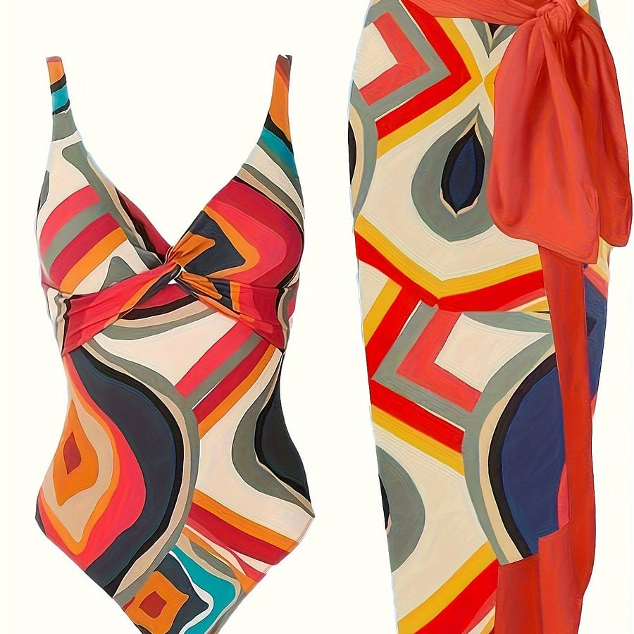 Abstract Geometric Print 2 Piece Swimsuits, Twist Front V Neck One-piece Bathing-suit & Cover Up Skirt, Women’s Swimwear & Clothing Clothing Shop Online at Dubai Trades 2