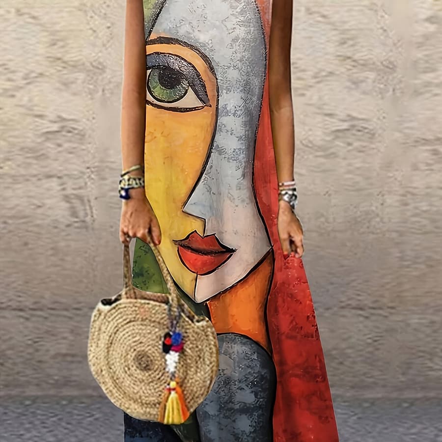 Abstract Print Crew Neck Dress, Casual Sleeveless Maxi Dress For , Women’s Clothing Clothing Shop Online at Dubai Trades 2