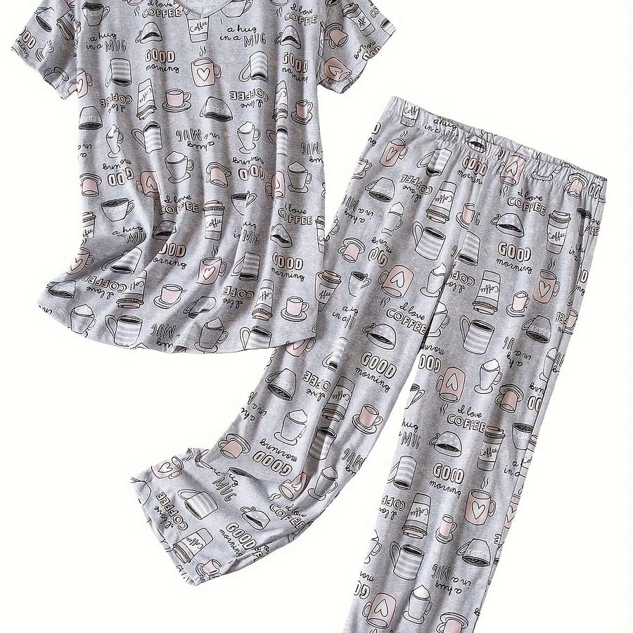 Allover Pajama Set, Casual Short Sleeve Round Neck Top & Pants, Women’s Sleepwear Clothing Shop Online at Dubai Trades 2
