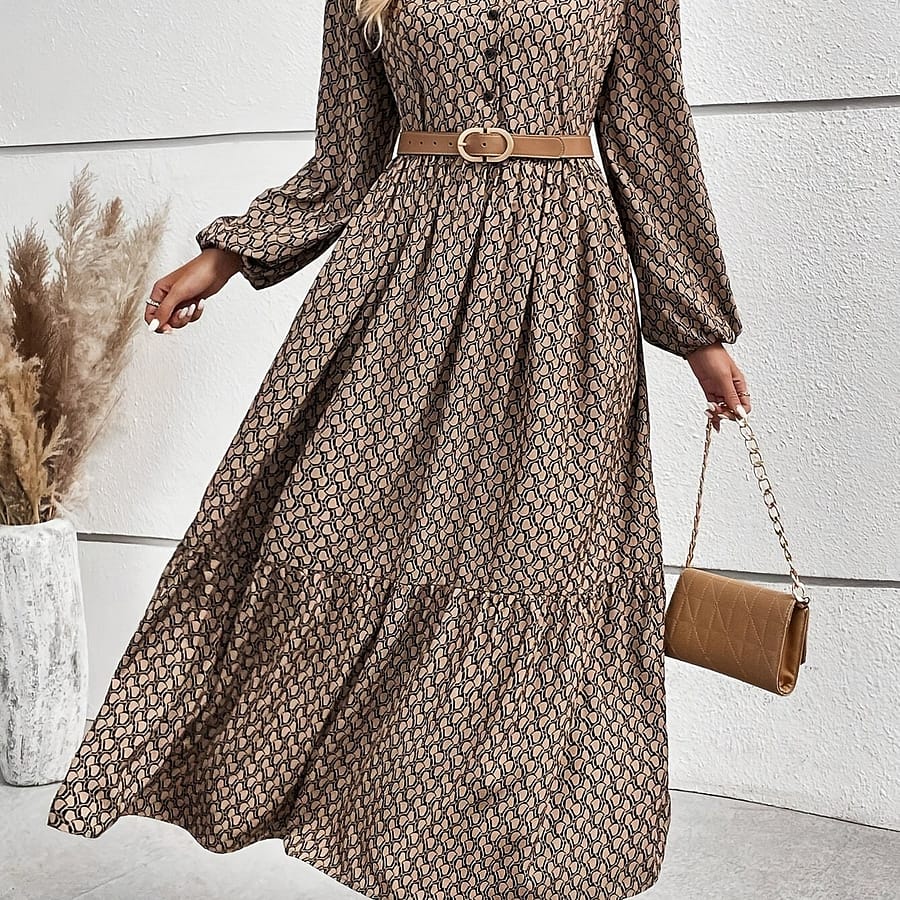 Allover Print Button Front Beltless Dress, Elegant Lantern Sleeve Flowy Dress For Spring & Fall, Women’s Clothing Clothing Shop Online at Dubai Trades 2