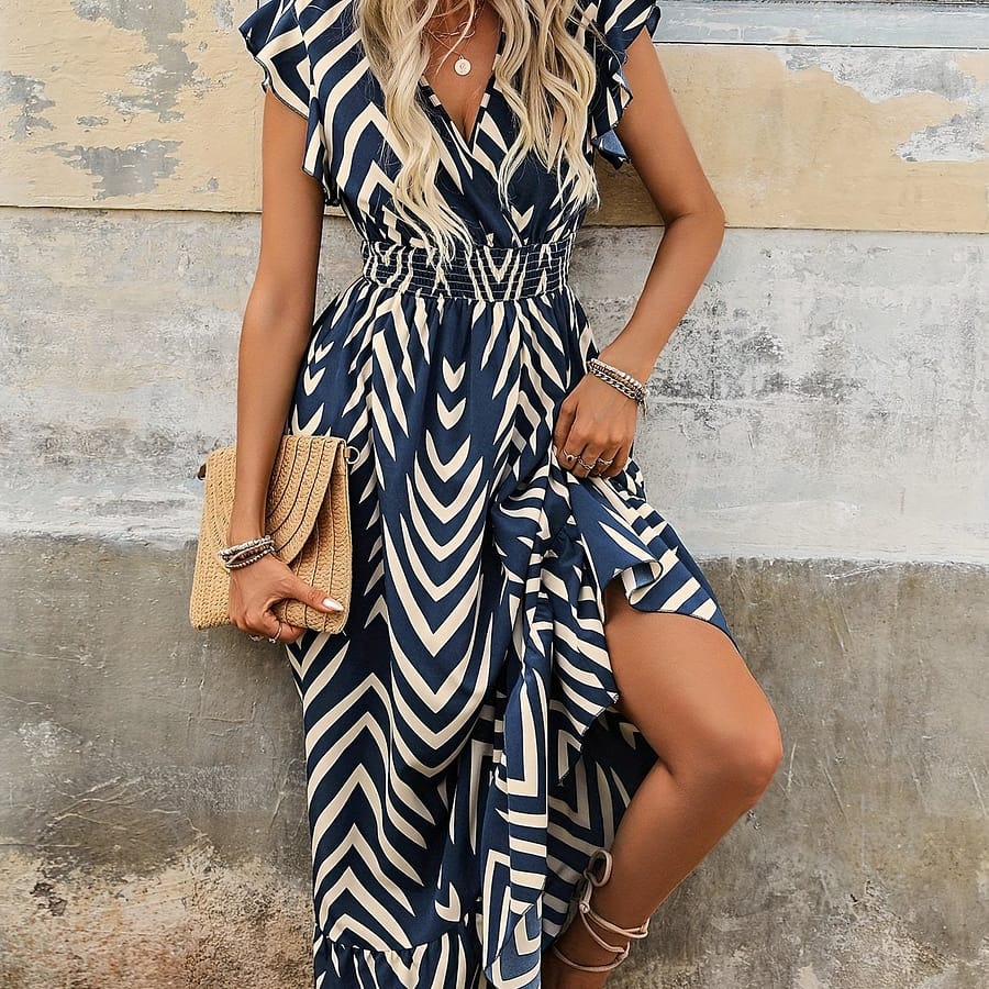Allover Print Shirred Waist Dress, Elegant Ruffle Sleeve V Neck Dress For , Women’s Clothing Clothing Shop Online at Dubai Trades 2