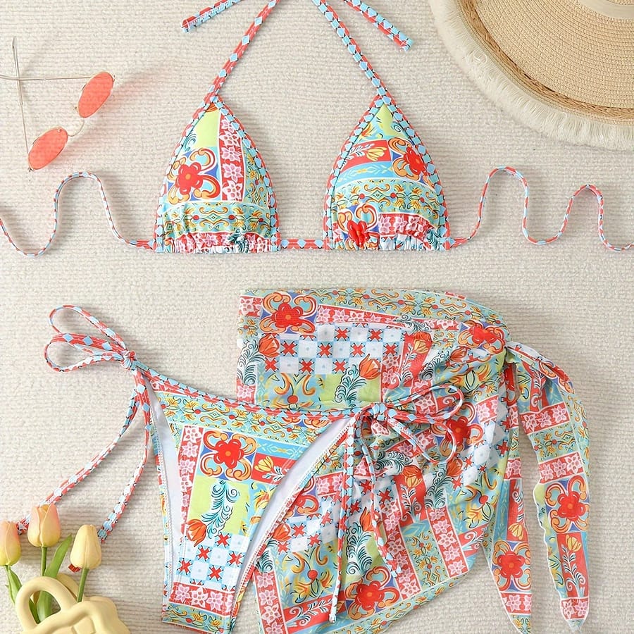 Allover Print Tribal 3 Piece Set Bikini, Triangle Halter Neck High Cut With Cover Up Skirt Swimsuits, Women’s Swimwear & Clothing Bikinis Shop Online at Dubai Trades 2
