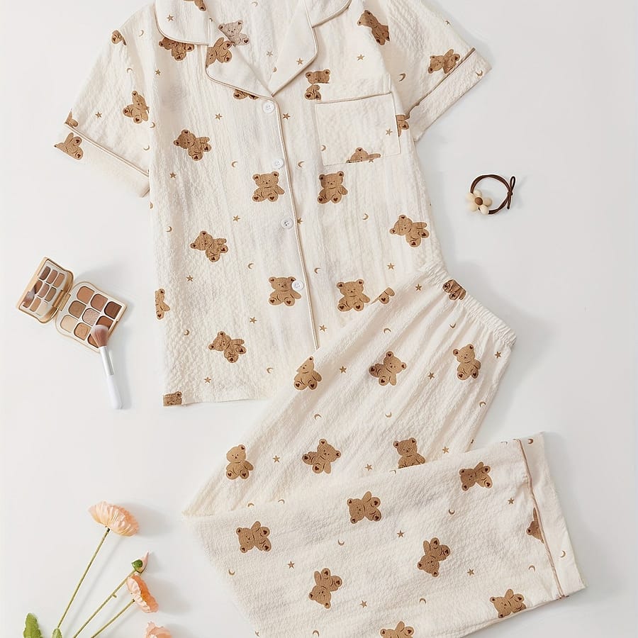 Allover Textured Lounge Set, Cute Short Sleeve Round Neck Top & Pants, Women’s Loungewear Clothing Shop Online at Dubai Trades 2