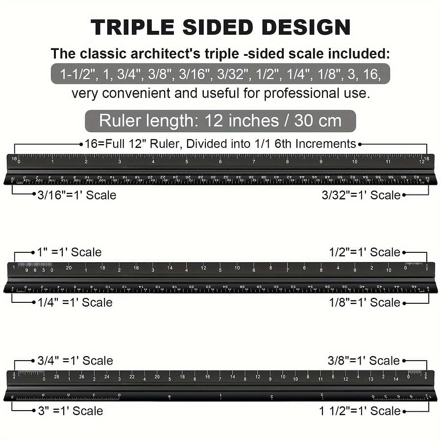 Architectural Scale Ruler For , 12” Metric Metal Engineers Triangle Drafting Ruler With Imperial Measurements For Engineering, Artists, Drawing, Laser- Education & Crafts Shop Online at Dubai Trades 2