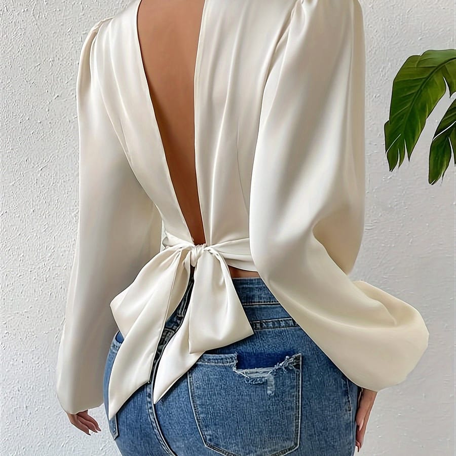 Backless Mock Neck Blouse, Elegant Knot Back Long Sleeve Blouse For Spring & Fall, Women’s Clothing Blouses Shop Online at Dubai Trades 2