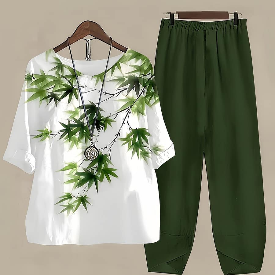 Bamboo Print Two-piece Set, Casual Short Sleeve T-shirt & Fitted Bottom Pants Outfits, Women’s Clothing Clothing Shop Online at Dubai Trades 2
