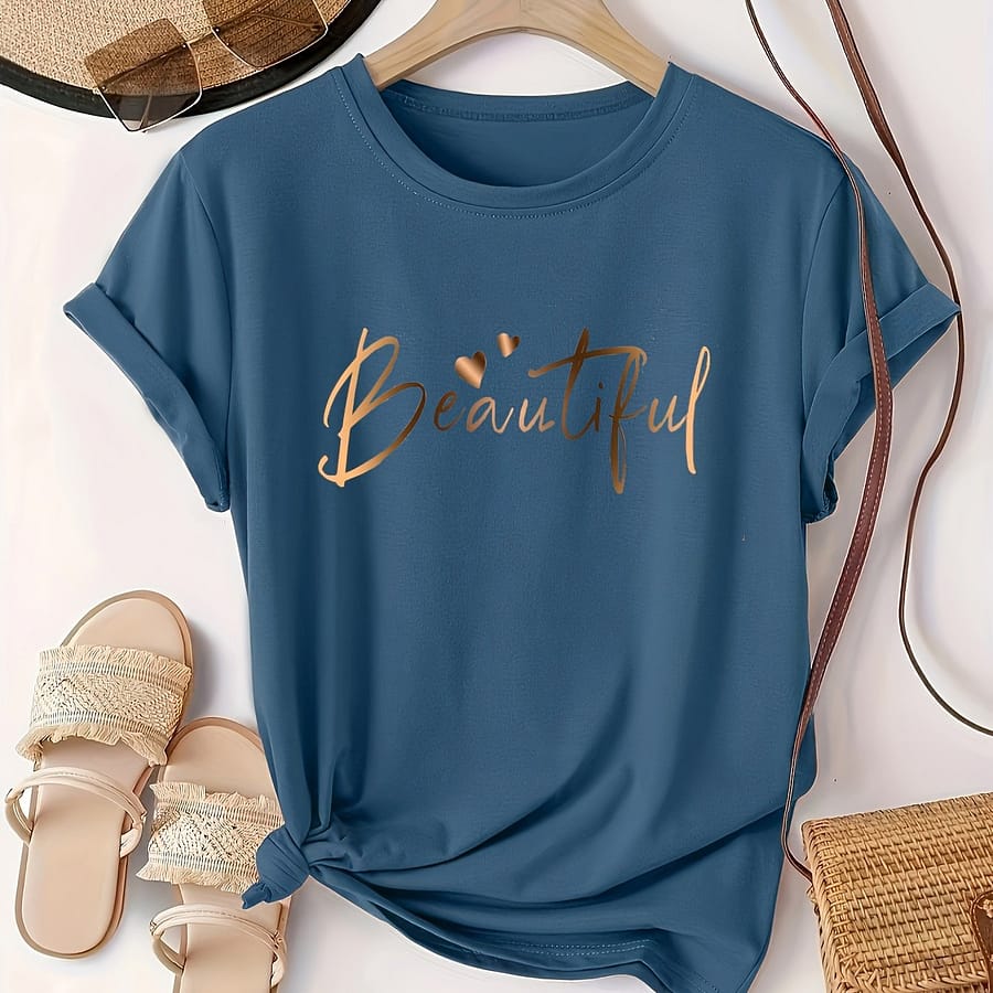 Beautiful” Golden Cursive T-shirt – Plus Size, Short Sleeve, Solid Green, Stretchy Polyester Blend, Machine Washable, Ideal For Spring/summer, Casual Wear|round Neckline Top| Clothing Shop Online at Dubai Trades 2