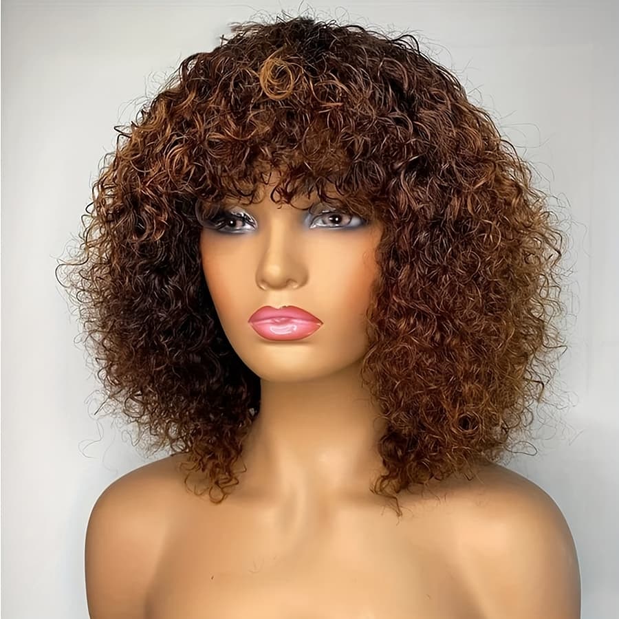 Beauty Highlight Curly Wig With Bangs – 100% Peruvian Remy Human Hair, Kinky , 150% Density, , Shoulder-length Style For Beauty & Personal Care Shop Online at Dubai Trades 2
