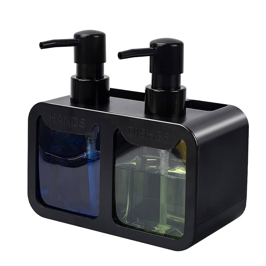 Black 4-in- Sink Countertop Organizer, Dual Soap Dispenser With Sponge Holder And Brush Caddy, Freestanding Plastic Lotion Dispenser Set, No Electricity Needed Bath Shop Online at Dubai Trades 2