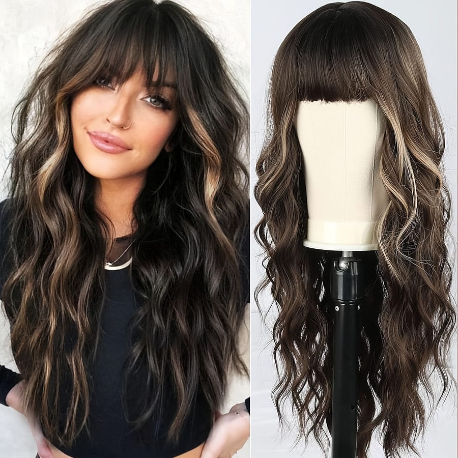 Black Long Curly Wig With Straight Bangs, Made Of Matte High-temperature Fiber, Featuring A Breathable Cap. Beauty & Personal Care Shop Online at Dubai Trades 2