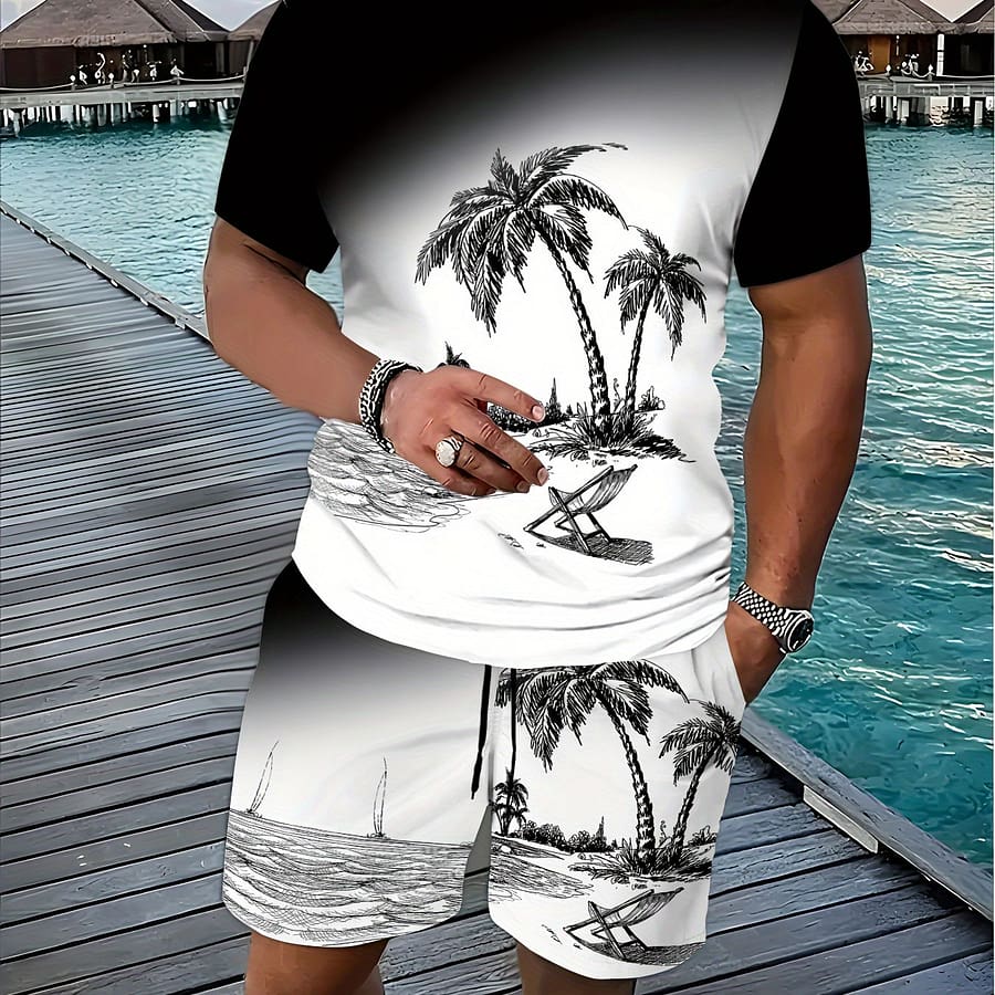 Black & White Botanical Print T-shirt And Shorts Set – 3d , Casual Round Neck Top With Kangaroo Pocket, , Outdoor Activities, Fitness & Running – Spring/summer Collection Asian Shop Online at Dubai Trades 2