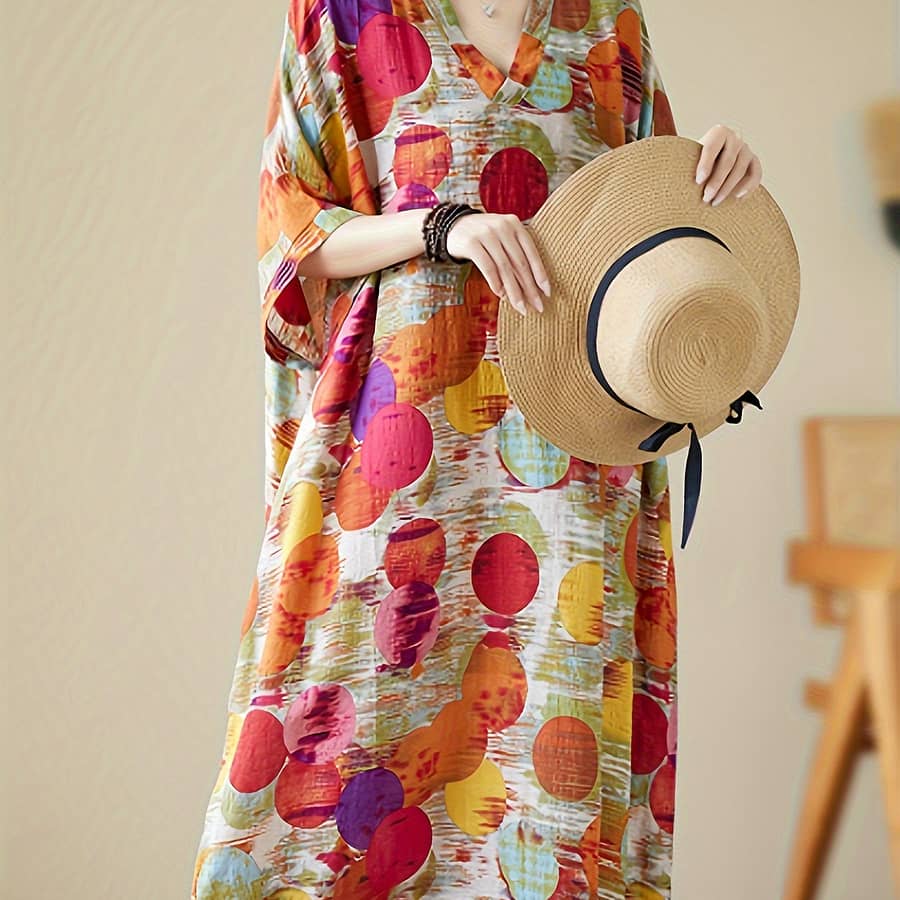 Bohemian Print Plus Size Dress – Casual V-neck With Pockets, Lightweight Viscose, Non-stretch Woven Fabric, , Plus Size Casual Dress Clothing Shop Online at Dubai Trades 2