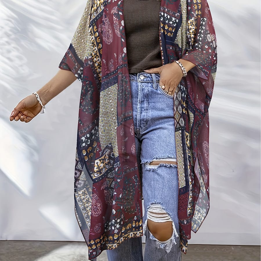 Bohemian Style Front Kimono Cardigan, Casual Elegant Vacation Outerwear With Design, Lightweight Beach Cover-up Clothing Shop Online at Dubai Trades 2