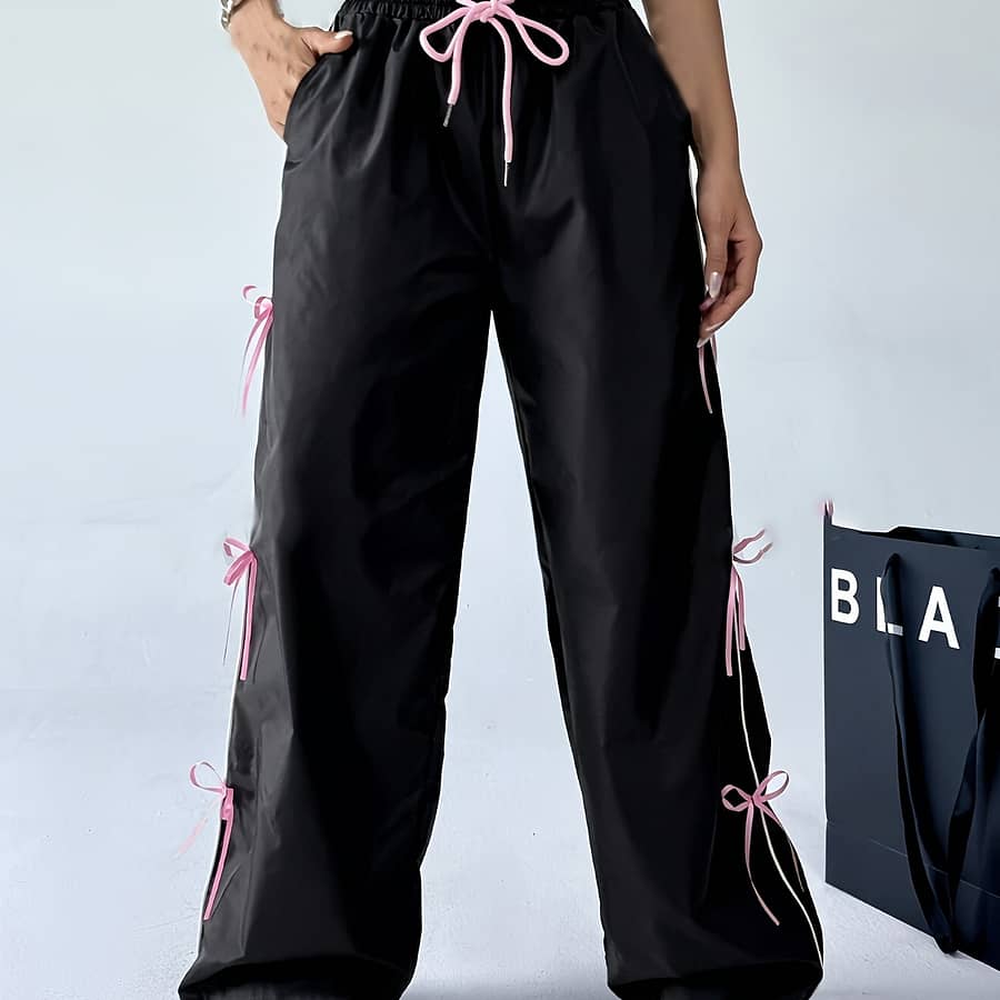 Bow Decor Drawstring Waist Pants, Y2k Loose Fit Slant Pocket Pants For , Women’s Clothing Clothing Shop Online at Dubai Trades 2
