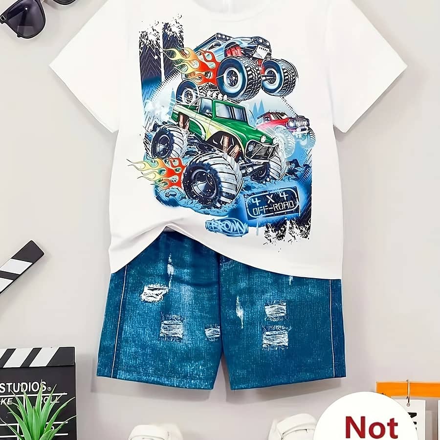 Boy’ Car Pattern Short Sleeve T-shirt + Denim Shorts 2pcs Set Soft, Comfortable And Breathable, Outdoor Boys Shop Online at Dubai Trades 2