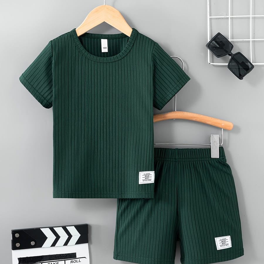 Boys’ Casual Summer Outfit Set – Comfy Polyester T-shirt & Shorts With Letter Jacquard Design, Round Neck, Non-transparent – Playtime, Outdoor Boys Shop Online at Dubai Trades 2
