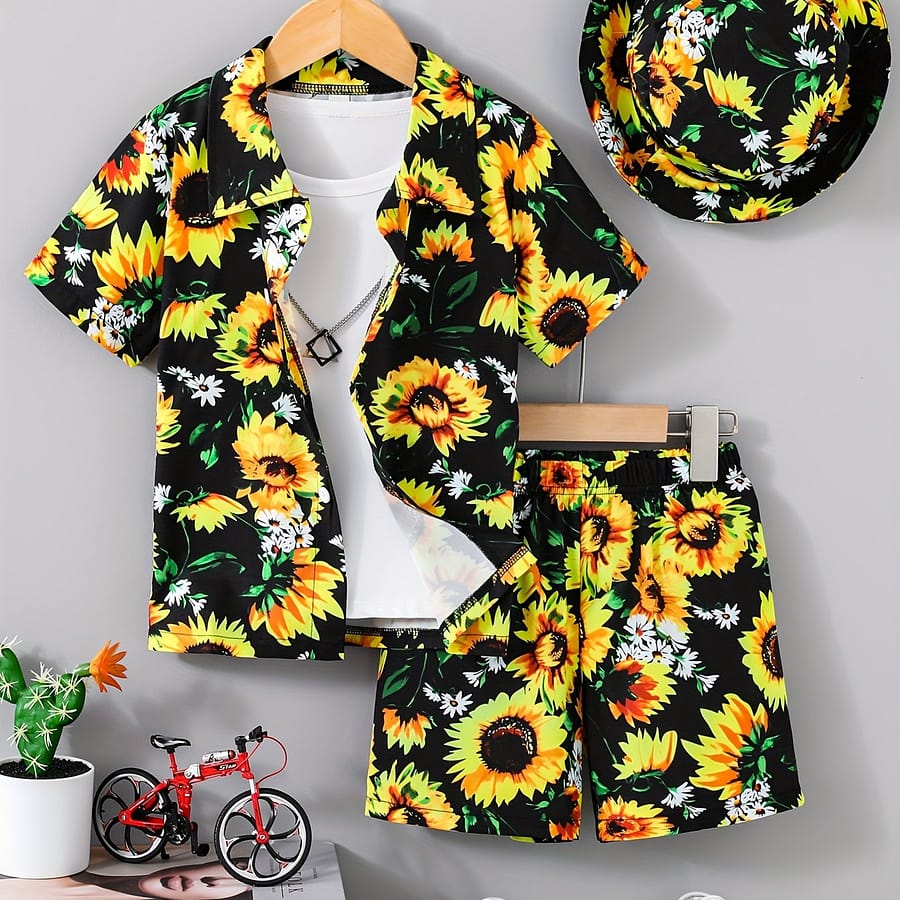 Boys’ Summer Floral Print Short Sleeve Shirt And Shorts Set – Casual Polyester Outfit With Sunflower Design, Includes Matching Hat, Outdoor Boys Shop Online at Dubai Trades 2