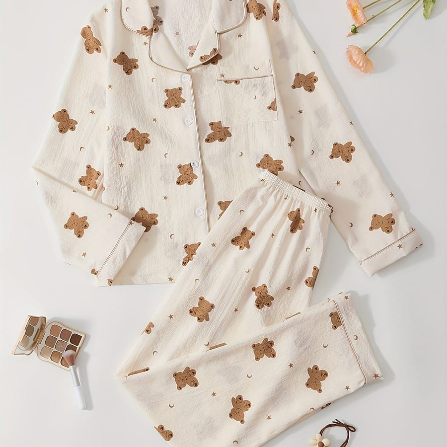 Brown Bear Printed Gauze Long Sleeve Top + Printed Long Pants Home Sleepwear Set Clothing Shop Online at Dubai Trades 2