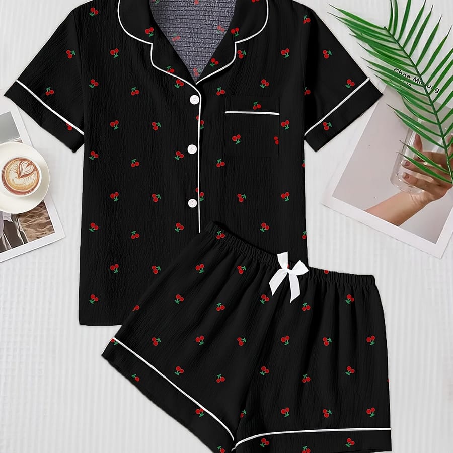 Bubble Wrinkle Fruit Cherry Print Bow Short Sleeve Shorts Pajama Set Clothing Shop Online at Dubai Trades 2
