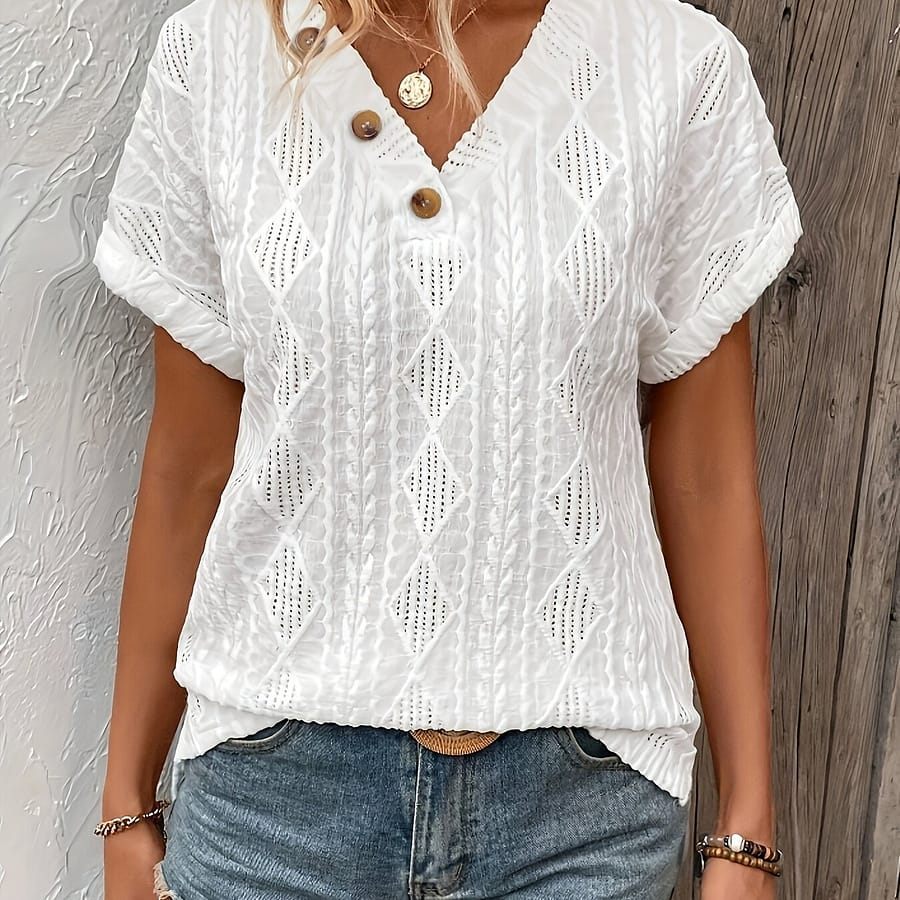 Button Decor V Neck T-shirt, Casual Short Sleeve Textured Top For , Women’s Clothing Clothing Shop Online at Dubai Trades 2