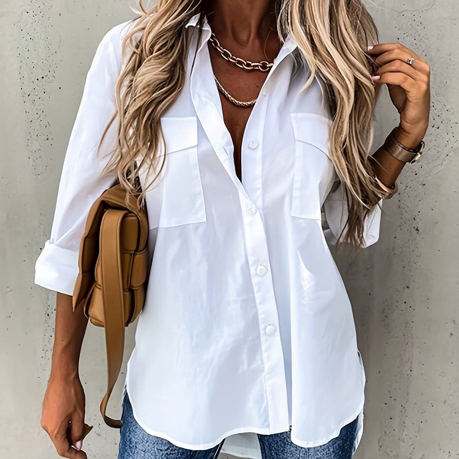 Button Front Long Sleeve Shirt, Casual Solid Office Shirt With Collar, Women’s Clothing Blouses Shop Online at Dubai Trades 2