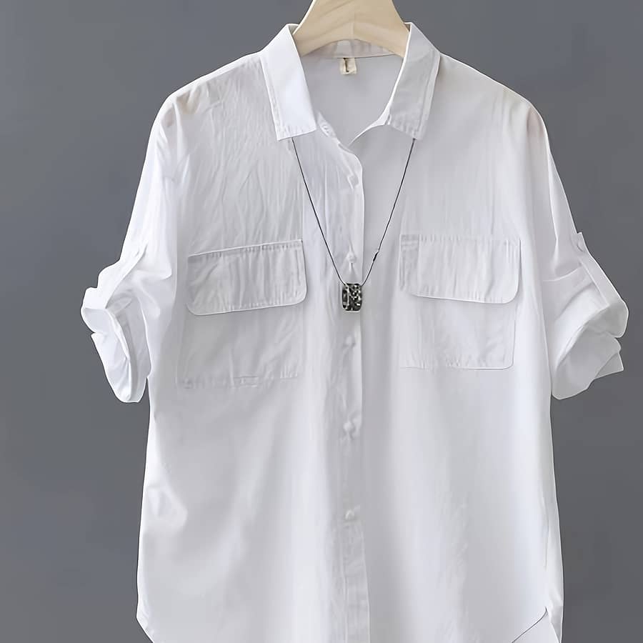 Button-up Shirt With Dual Pockets – Mid-sleeve, Polyester, For Women – Machine Washable & Dry , Ideal For Spring/summer/fall, Casual Wear Shirt| Top|plain Weave Shirt Blouses Shop Online at Dubai Trades 2