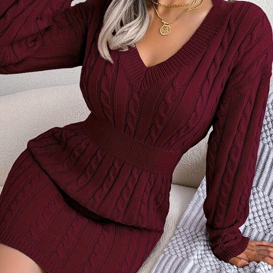 Cable Knit V Neck Knitted Dress, Elegant Solid Long Sleeve Drop Shoulder Sweater Dress, Women’s Clothing Clothing Shop Online at Dubai Trades 2