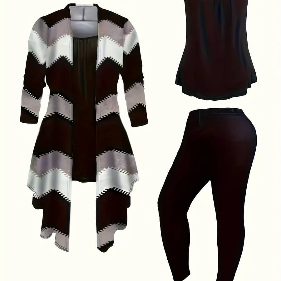 Casual 3 Piece Set, Crew Neck Sleeveless Slim Cami Top, Simple Skinny Leggings & Chevron Pattern Open Front Cardigan, Women’s Clothing Clothing Shop Online at Dubai Trades 2
