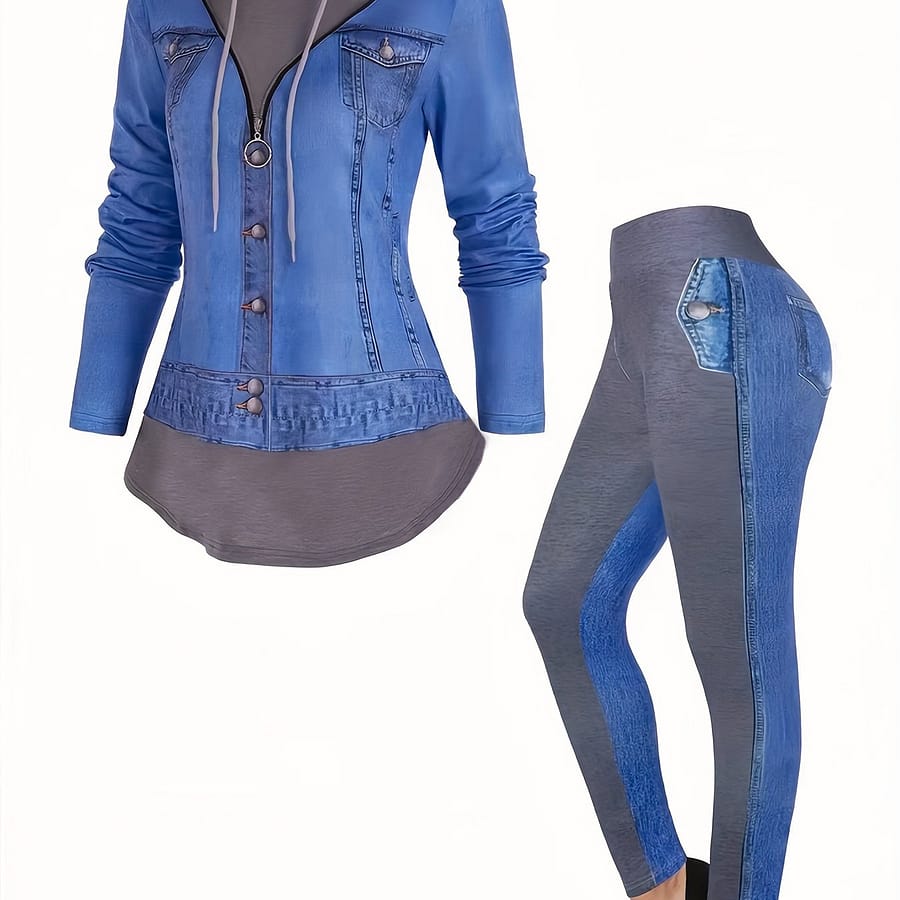 Casual Graphic Print Pants Set, Drawstring Long Sleeve Hoodie & High Waist Skinny Stretchy Leggings, Women’s Clothing Clothing Shop Online at Dubai Trades 2