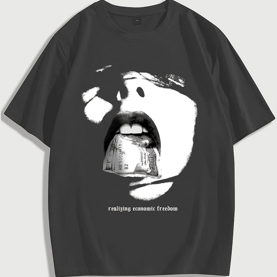 Casual Graphic Tee With Dollar Sign & Portrait Print – Comfy Polyester , Machine Washable, Round Neck Short Sleeve T-shirt For Couples – Clothing Shop Online at Dubai Trades 2