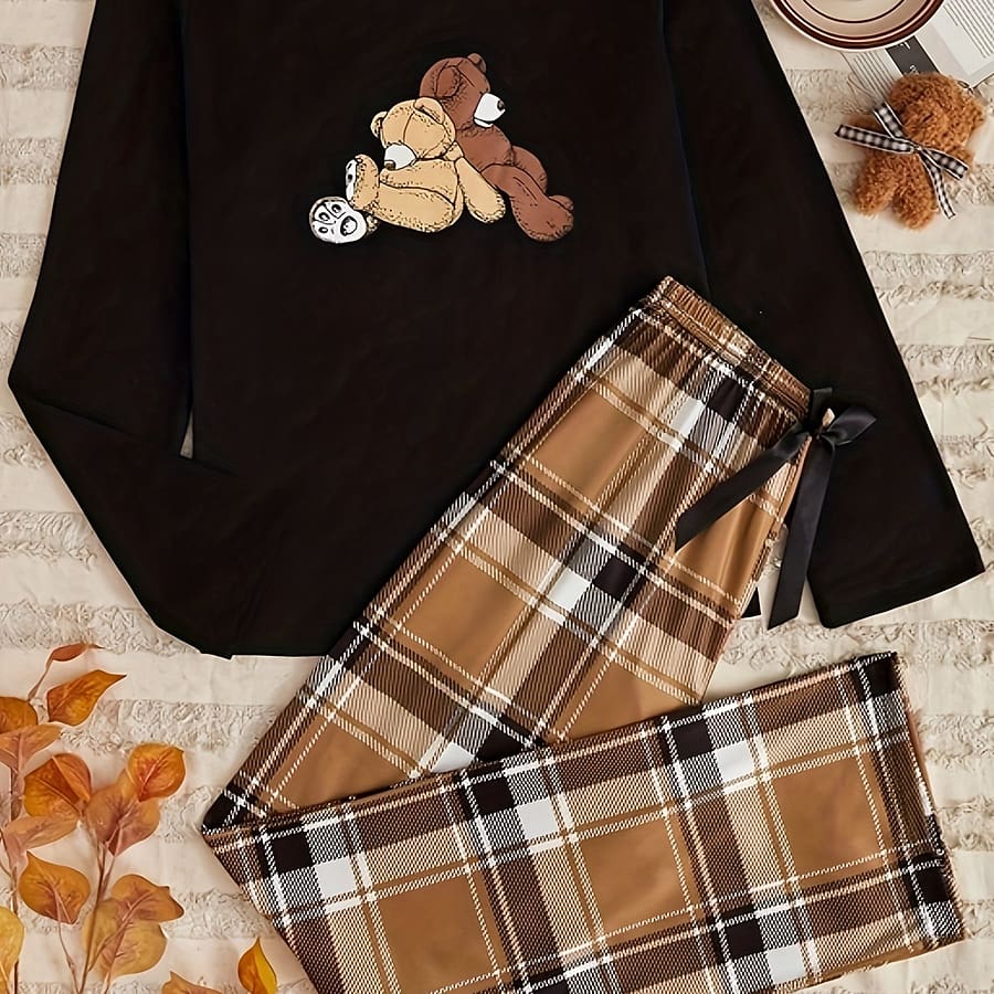 Casual Teddy Bear Print Pajama Set, Long Sleeve Round Neck Top & Plaid Pants, Women’s Sleepwear & Loungewear Clothing Shop Online at Dubai Trades 2