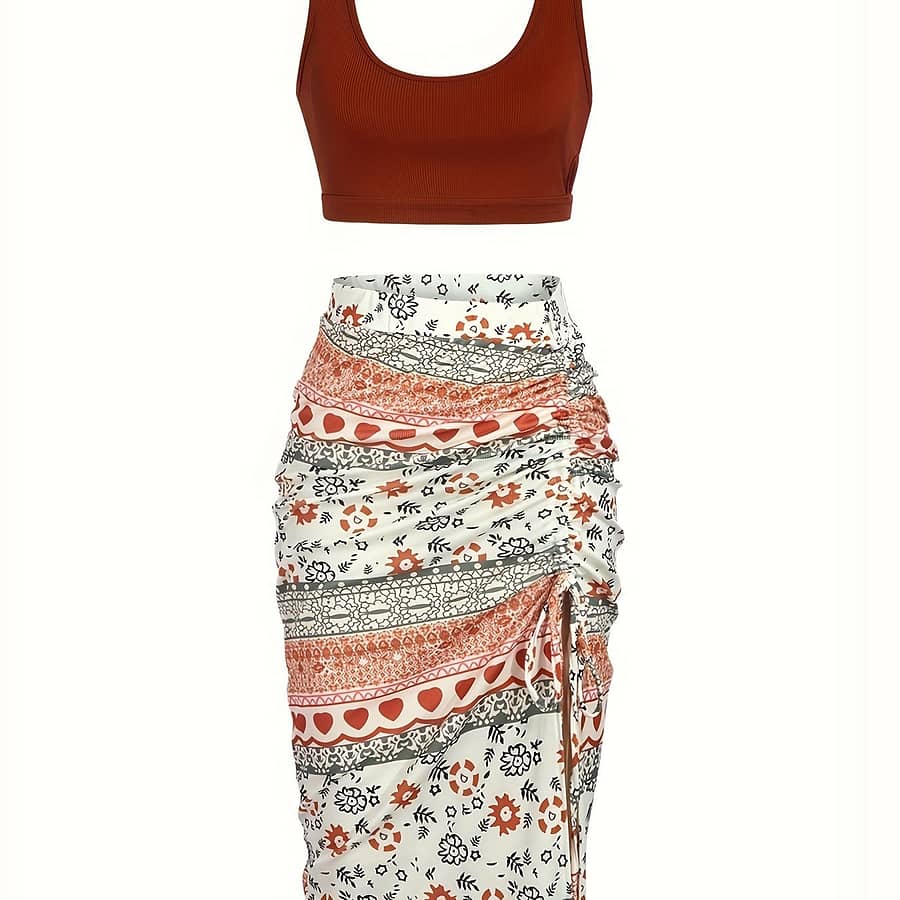 Casual Two-piece Set, Solid Sleeveless Backless Crop Top & Floral Print Drawstring Split Dress Outfits, Women’s Clothing Clothing Shop Online at Dubai Trades 2