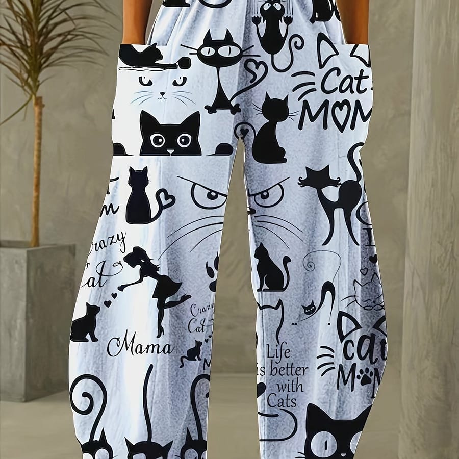 Cat Print Patched Pocket Pants, Casual Waist Wide Leg Pants For Spring & Fall, Women’s Clothing Clothing Shop Online at Dubai Trades 2